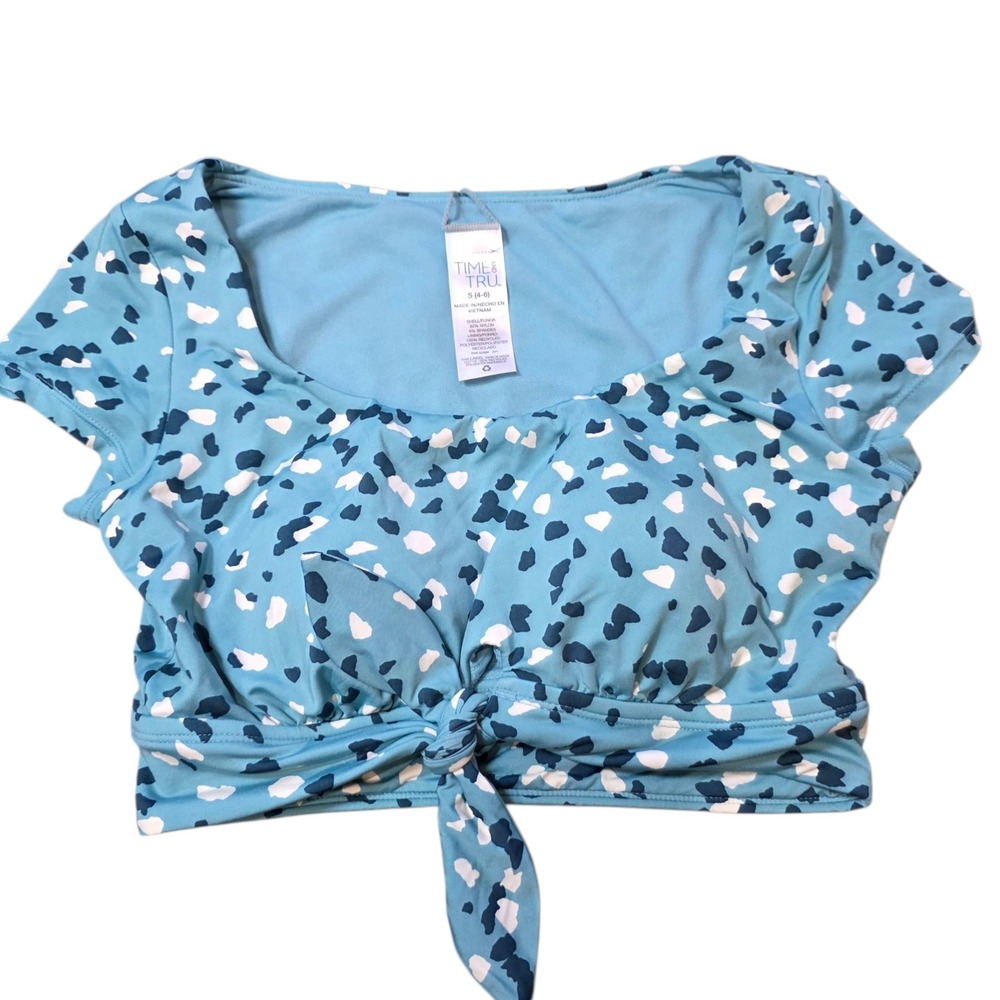 Time and Tru Blue Confetti‎ Tankini Top Knot Front Short Sleeve Missy Size S NWT